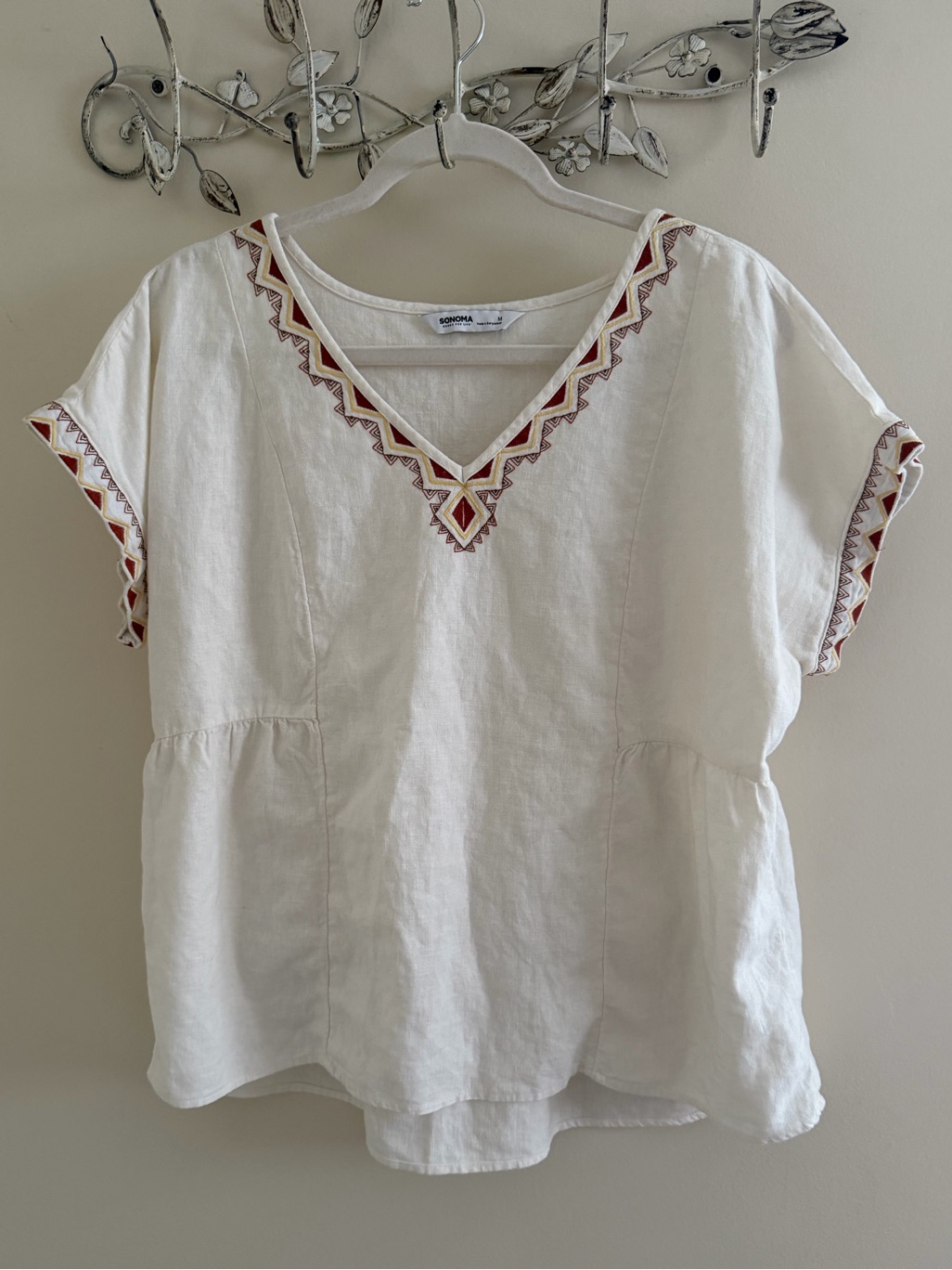 Sonoma Cream Linen Top With Rust And Yellow Embroidery